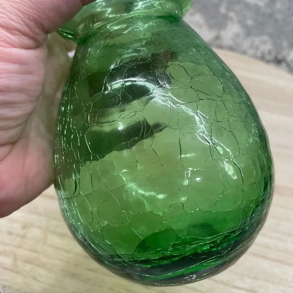 Vintage MCM Green Crackle Glass Hourglass Vase Hand Blown Art Glass 6 inch